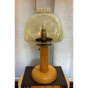 Vtg Jakobsson Style Candlestick Holder Wood And Brass Mushroom Shade Swedish MCM